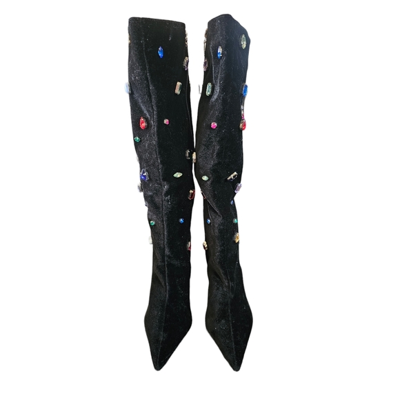 Schutz Maya Glam Black Velvet Rhinestone Pointed-Toe Knee-High Boots Sz 10B NWOB - Picture 3 of 13